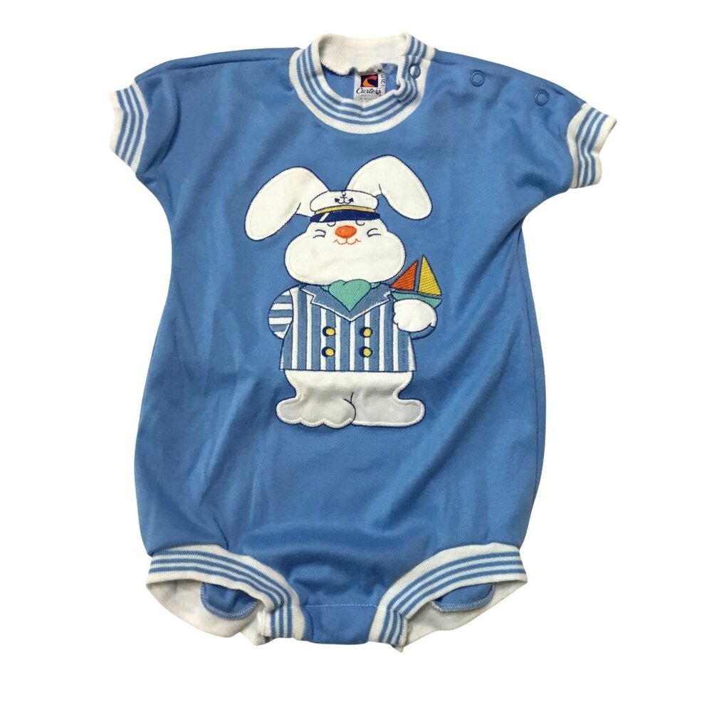 VTG CARTER’S Baby Romper 24M Bunny Sailor Blue Striped Trim USA 50/50 VBC